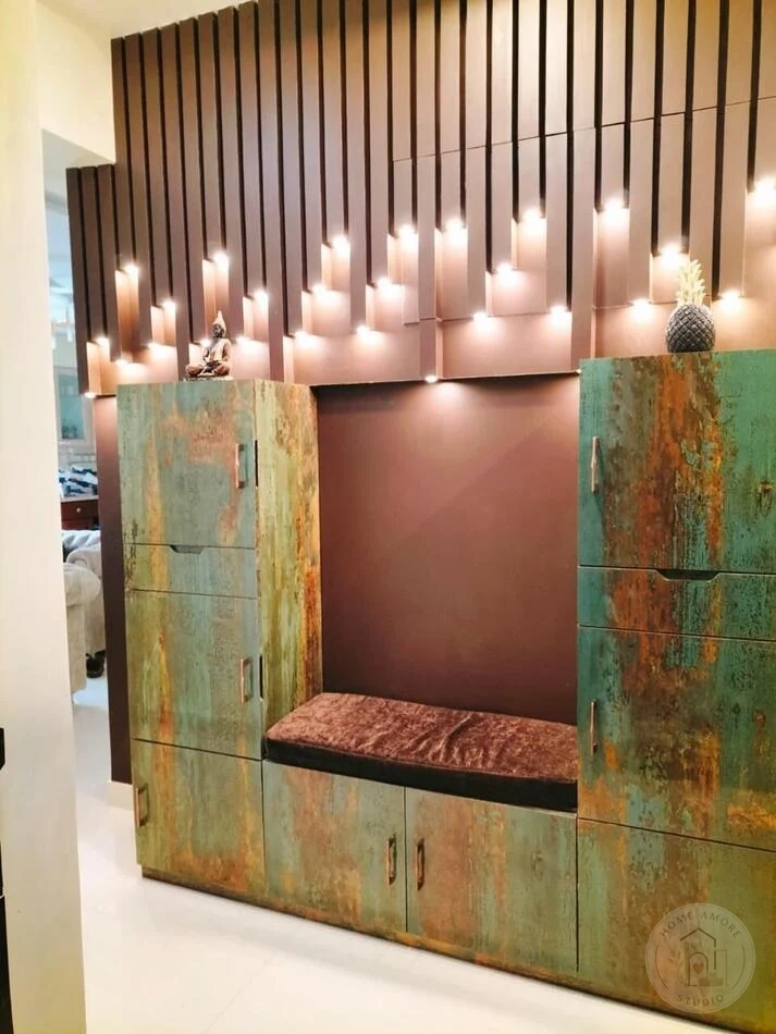 Rustic foyer storage unit interior design Kolkata